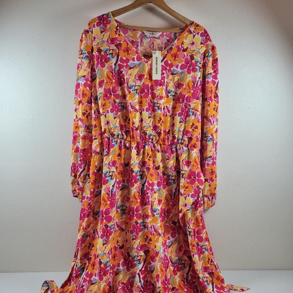 NWT Agnes Orinda Maxi Dress Womens 2X Pink Floral‎ Long Sleeve V-Neck Tie Waist